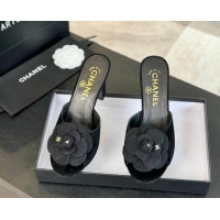 Shop Cheap Chanel Suede Heel Slides Sandal 8cm with Camellia Bloom Black 1121031