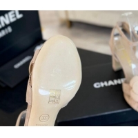 Shop Duplicate Chanel Suede Heel Sandals 8cm with Camellia Bloom Beige 1121033