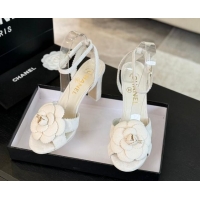 Best Price Chanel Suede Heel Sandals 8cm with Camellia Bloom White 1121034