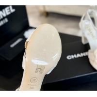 Best Price Chanel Suede Heel Sandals 8cm with Camellia Bloom White 1121034