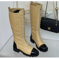 Cheap Price Chanel Calfskin High Boots 4.5cm with Pearls and Zip Beige 1121038