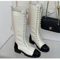 Top Design Chanel Calfskin High Boots 4.5cm with Pearls and Zip White 1121039