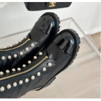 Good Product Chanel Calfskin High Boots 4.5cm with Pearls and Zip Black 1121040