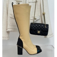 Good Product Chanel Calfskin High Boots 8.5cm with Chain Beige 1121047