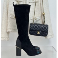 Unique Style Chanel Suede High Boots 8.5cm with Chain Black 1121048