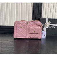 Famous Brand Chanel Shiny Calfskin Large Bowling Bag with Pockets AS4933 Light Pink 2024