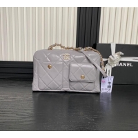 Low Cost Chanel Shiny Calfskin Large Bowling Bag with Pockets AS4933 Light Grey 2024