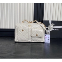 Top Design Chanel Shiny Calfskin Large Bowling Bag with Pockets AS4933 White 2024