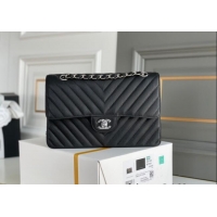 Original Cheap Chanel Chevron Grained Calfskin Classic Medium Flap bag A01112 Black/Silver 2024