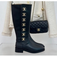 Top Design Chanel Calfskin High Boots 3cm with Side CC Studs Black 1121055