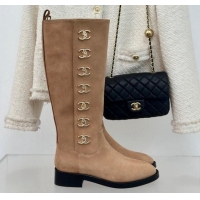 Buy Luxury Chanel Suede High Boots 3cm with Side CC Studs Beige 1121056