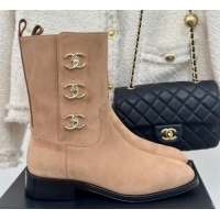 Top Grade Chanel Suede Ankle Boots 3cm with Side CC Studs Beige 121059