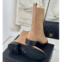 Top Grade Chanel Suede Ankle Boots 3cm with Side CC Studs Beige 121059