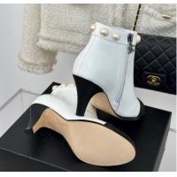 Duplicate Chanel Lambskin Ankle Boots 7cm with Pearls White 121064