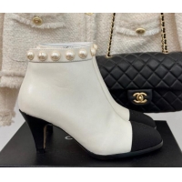 Unique Style Chanel Lambskin Ankle Boots 7cm with Pearls White 1121066