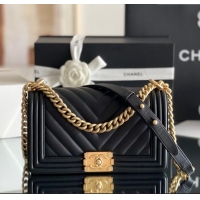 Reasonable Price Chanel Original Calfskin Leather Chevron Medium Boy Flap Bag AS2631 Black/Gold