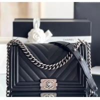 Luxury Cheap Chanel Original Calfskin Leather Chevron Medium Boy Flap Bag AS2631 Black/Silver 2023 Top Quality