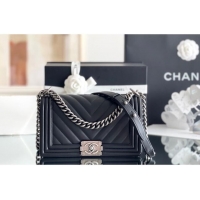 Luxury Cheap Chanel Original Calfskin Leather Chevron Medium Boy Flap Bag AS2631 Black/Silver 2023 Top Quality