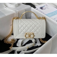 Best Price Chanel Grained Shiny Calfskin Boy Flap Bag with Top Handle A94805 White