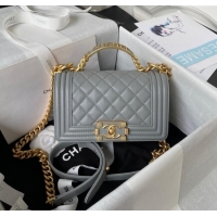 Reasonable Price Chanel Grained Shiny Calfskin Boy Flap Bag with Top Handle A94805 Grey