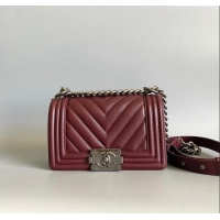 Top Grade Chanel Chevron Grained Calfskin Small Classic Le Boy Flap Bag A67085 Burgundy/Aged Silver