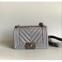 Top Grade Chanel Chevron Grained Calfskin Small Classic Le Boy Flap Bag A67085 Grey/Aged Silver