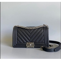 Best Quality Chanel Chevron Grained Calfskin Medium Classic Le Boy Flap Bag A67086 Black/Aged Silver