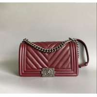 Grade Quality Chanel Chevron Grained Calfskin Medium Classic Le Boy Flap Bag A67086 Burgundy/Aged Silver