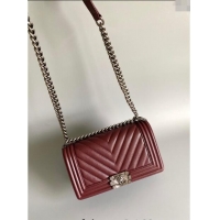 Grade Quality Chanel Chevron Grained Calfskin Medium Classic Le Boy Flap Bag A67086 Burgundy/Aged Silver