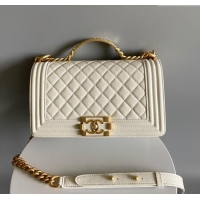 Well Crafted Chanel Boy Chanel Handbag with Handle in Grained Shiny Calfskin A94804 White