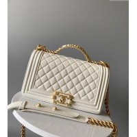 Well Crafted Chanel Boy Chanel Handbag with Handle in Grained Shiny Calfskin A94804 White