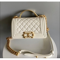 Best Price Chanel Small Boy Chanel Handbag with Handle in Grained Shiny Calfskin A94803 White