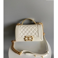 Best Price Chanel Small Boy Chanel Handbag with Handle in Grained Shiny Calfskin A94803 White