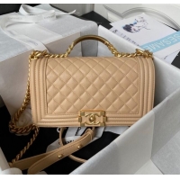 Famous Brand Chanel Boy Chanel Handbag with Handle in Grained Calfskin A94804 Apricot