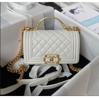 Buy Fashionable Chanel Small Boy Chanel Handbag with Handle in Grained Calfskin A94805 White