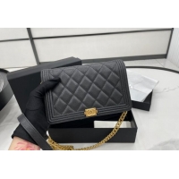 Luxury Cheap Chanel Grained Calfskin Boy Chanel Wallet On Chain Bag WOC A7062 Black/Gold