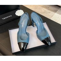 Unique Style Chanel Printed Quilted Lambskin & Patent Calfskin Slingbacks Pumps 9.5cm Blue 1121073