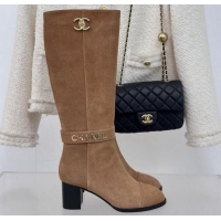 Classic Hot Chanel Suede High Boots 8cm with CHANEL Strap Dark Beige 1121088