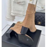 Top Grade Chanel Suede Ankle Boots 8cm with CHANEL Strap Dark Beige 121092