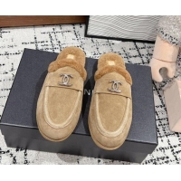 Low Cost Chanel Suede & Shearling Wool Flat Mules Beige 121097