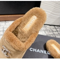 Low Cost Chanel Suede & Shearling Wool Flat Mules Beige 121097