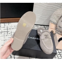 Best Grade Chanel Suede & Shearling Wool Flat Mules Grey 121098