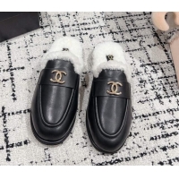 Good Looking Chanel Calfskin & Shearling Wool Flat Mules Black 121101