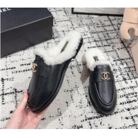 Good Looking Chanel Calfskin & Shearling Wool Flat Mules Black 121101