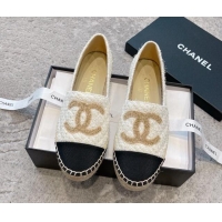 Shop Duplicate Chanel Tweed Espadrilles Flat with Gold-Tone CC Beige 1121108