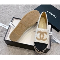 Shop Duplicate Chanel Tweed Espadrilles Flat with Gold-Tone CC Beige 1121108