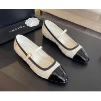 Best Product Chanel Tweed & Patent Calfskin Mary Janes Ballet Flats G46001 White/Black 1121133