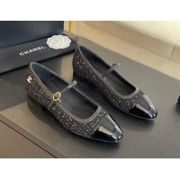 Charming Chanel Tweed & Patent Calfskin Mary Janes Ballet Flats G46001 Black/Sequins 1121134