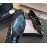 Charming Chanel Tweed & Patent Calfskin Mary Janes Ballet Flats G46001 Black/Sequins 1121134