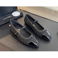 Original Cheap Chanel Tweed & Patent Calfskin Mary Janes Ballet Flats G46001 Black/Sequins 121136